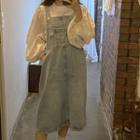 Balloon-sleeve Blouse / Midi A-line Denim Pinafore Dress