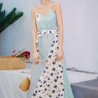 Spaghetti Strap Floral Printed Color-panel Tie-waist Midi Dress