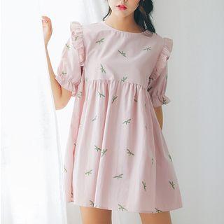Short-sleeve Printed Frill-trim Mini Dress