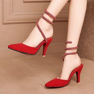 Faux Leather Rhinestone Ankle Strap Pumps