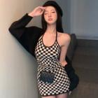 Halter-neck Checker Print Sheath Dress / Crop Cardigan