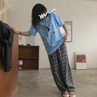 Elbow-sleeve Graphic Print T-shirt Light Blue - One Size