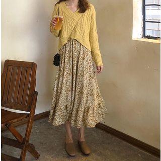 Set: V-neck Bow-back Sweater + Long-sleeve Floral Print Midi A-line Dress
