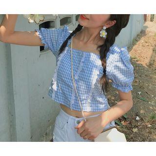 Puff-sleeve Plaid Top As Shown In Figure - One Size