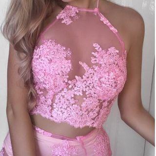Set: Halter Lace Cropped Top + Lace Pencil-cut Skirt