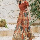 Puff-sleeve Printed Maxi A-line Dress