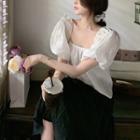 Off-shoulder Puff Sleeve Ruffle Trim Top / High Waist Ruffle Trim Textured Maxi Dress