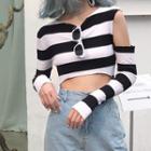 Cut-away Shoulder Striped Cropped Top