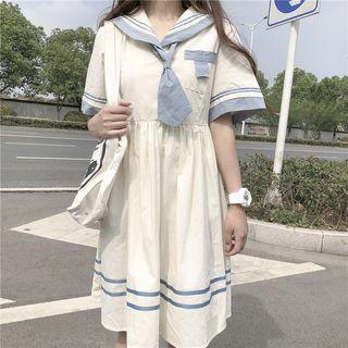 Contrast Trim Sailor Collar Short-sleeve A-line Dress