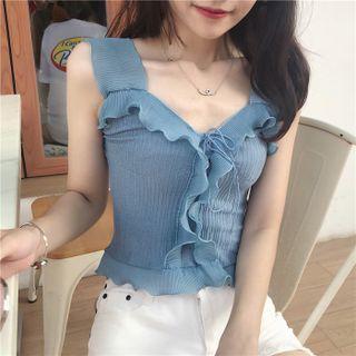 V-neck Plain Drawstring Ruffle Cropped Tank Top