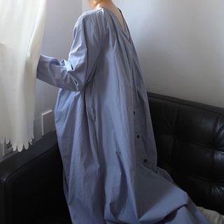 Long-sleeve V-neck Midi Shirtdress Blue - One Size