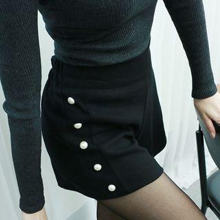 Wool Blend Faux-pearl Trim Band-waist Shorts