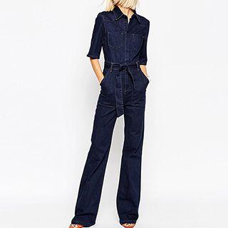 Elbow-sleeve Denim Jumpsuit