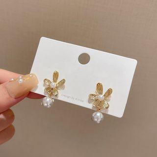 Faux Pearl Flower Drop Earring A215 - 1 Pair - Gold - One Size