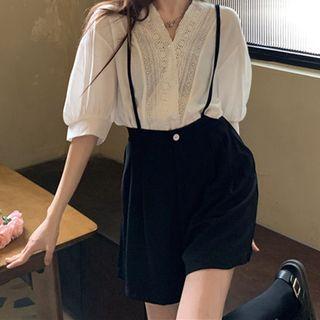 Puff-sleeve Lace Trim Blouse / Jumper Shorts