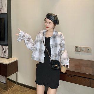 Sleeveless Ruched Sheath Dress / Long-sleeve Plaid Shirt