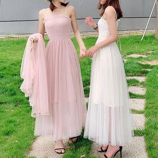 Set: Spaghetti Strap Mesh A-line Maxi Dress + 3/4-sleeve Light Jacket