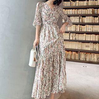 Elbow Sleeve Floral Midi A-line Dress