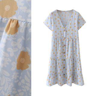 V-neck Floral Print Ruffle Dress