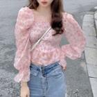 Chiffon Floral Puff-sleeve Square-neck Long-sleeve Cropped Shirt