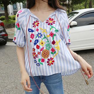 Elbow-sleeve Embroidered Stripe Top