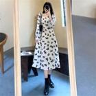 Long-sleeve Square-neck Print Midi A-line Dress
