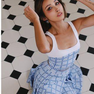 Houndstooth Cropped Tank Top / Pleated Mini A-line Skirt