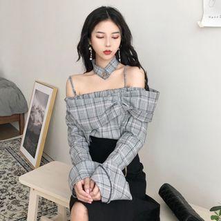 Cold-shoulder Long-sleeve Plaid Top Plaid - Black - One Size