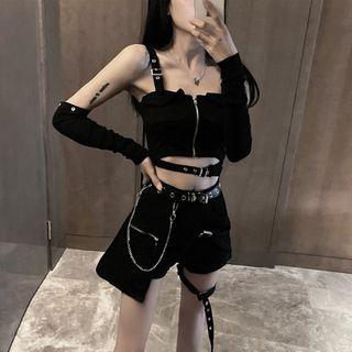 Zip-up Buckled Camisole Top / Shorts / Leg Wrap / Belt / Set
