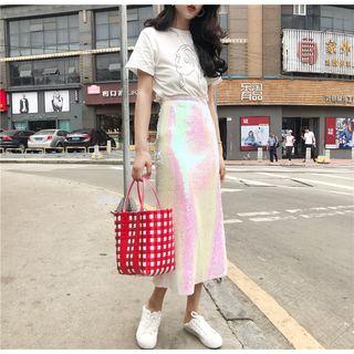 Set : Print Short-sleeve T-shirt + Sequined Midi Skirt