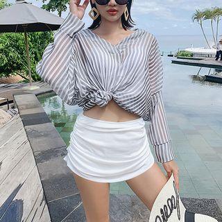 Set: Plain Bikini + Long-sleeve Striped Cover-up Top