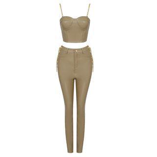 Set: Faux Leather Crop Camisole Top + Skinny Pants