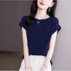 Plain Round-neck Loose-fit Short-sleeve Top
