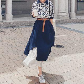Short-sleeve Floral Print Belted Midi Shirt Dress