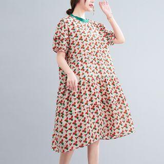 Puff-sleeve Floral Print Ruffled Dress