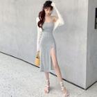 Buttoned Light Cardigan / Slited Sleeveless Mini Dress