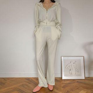 Set: Cropped Zip-up Hoodie + Boot-cut Pants