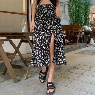 Floral Print Slit Midi A-line Skirt Skirt - Black & White - One Size