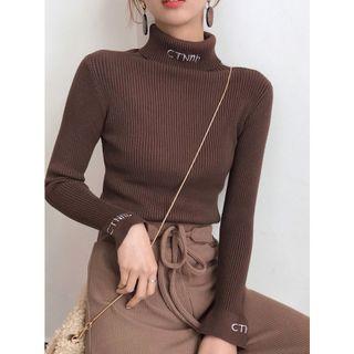 Turtleneck Letter Embroidered Ribbed Knit Top