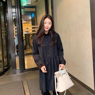 Velvet-collar A-line Shirtdress Black - One Size