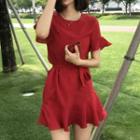 Short-sleeve Minidress With Sash Red - One Size