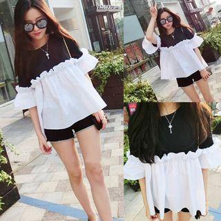 Elbow-sleeve Color Block Blouse