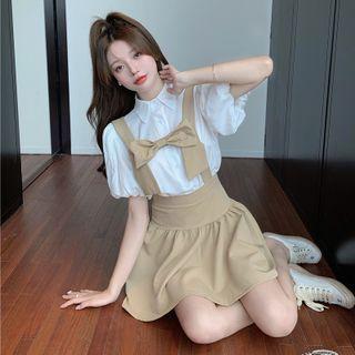 Peter Pan Collar Puff Sleeve Shirt / Bow-accent Overall Mini Dress