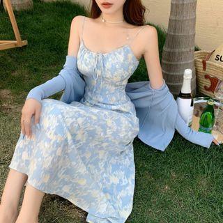 Spaghetti-strap Print Midi A-line Dress / Cardigan