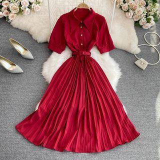 Short Sleeve Pleated A-line Maxi Dress