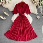 Short Sleeve Pleated A-line Maxi Dress
