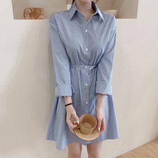 Striped Tie-waist Mini A-line Shirtdress