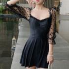 Elbow-sleeve Mesh Panel Swim Dress
