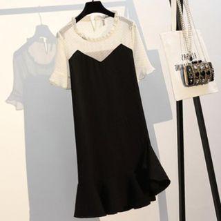 Short-sleeve Mesh Panel Ruffled Dress