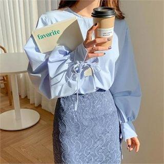 Beribboned-cuff Balloon-sleeve Blouse